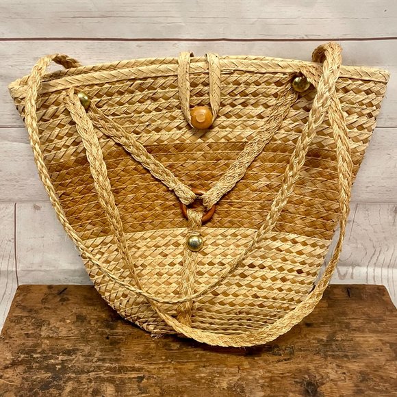 Vintage woven straw shoulder tote bag - Picture 4 of 10